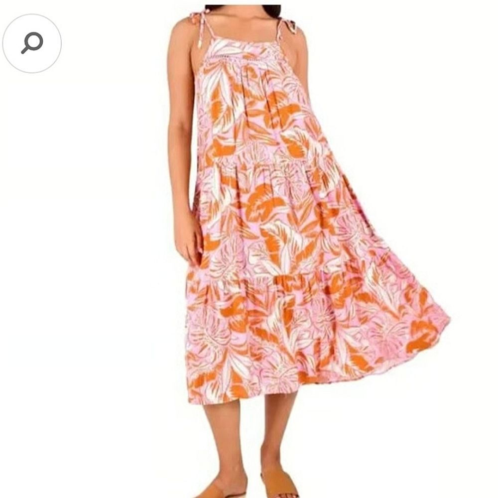 Label of Love Malibu Ruffled Boho Sun Dress Tiered Pink & Orange Tie Straps L